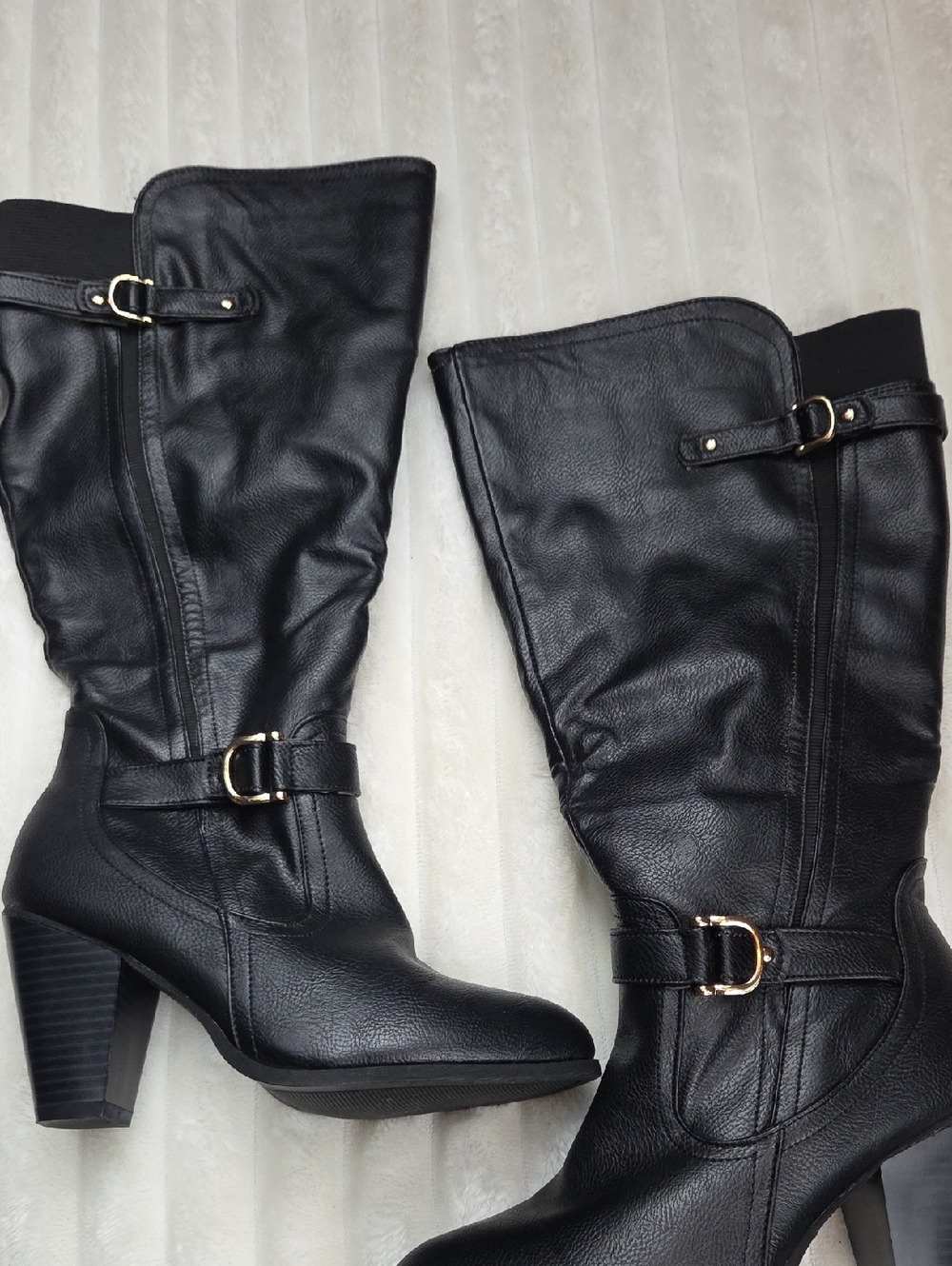 JOURNEY COLLECTION Black Faux Leather 8 Faux Fur KNEE High HEELED BOOTS Zipper